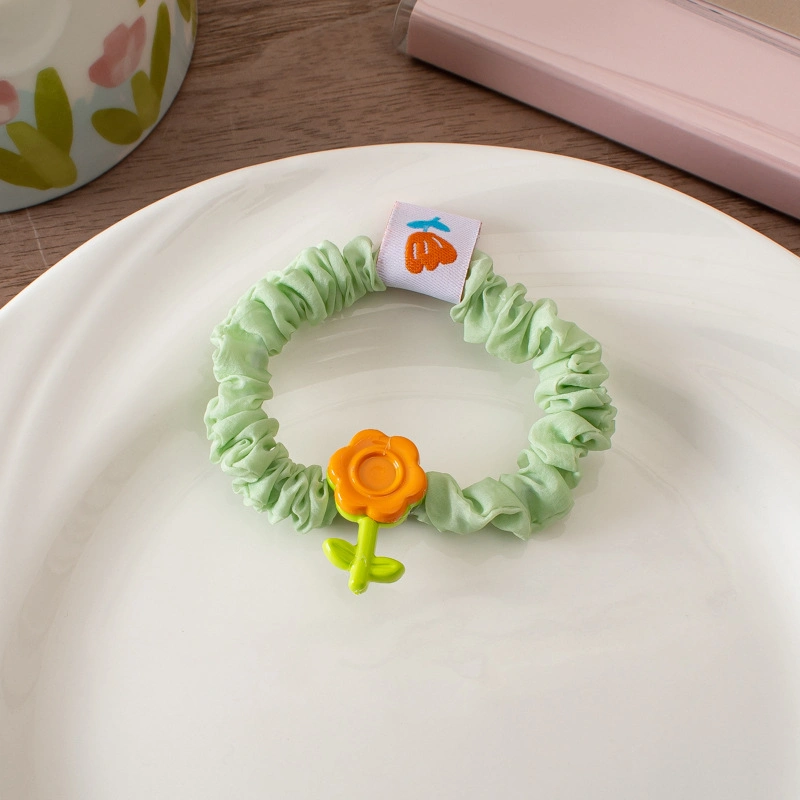 Cute Flower Cloth Label Pleated Hair Scrunchie Candy Color Rubber Band Hair Tie